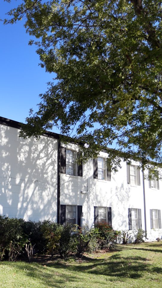 the exterior of an apartment building with trees and bushes at The Vista Villa Apartments